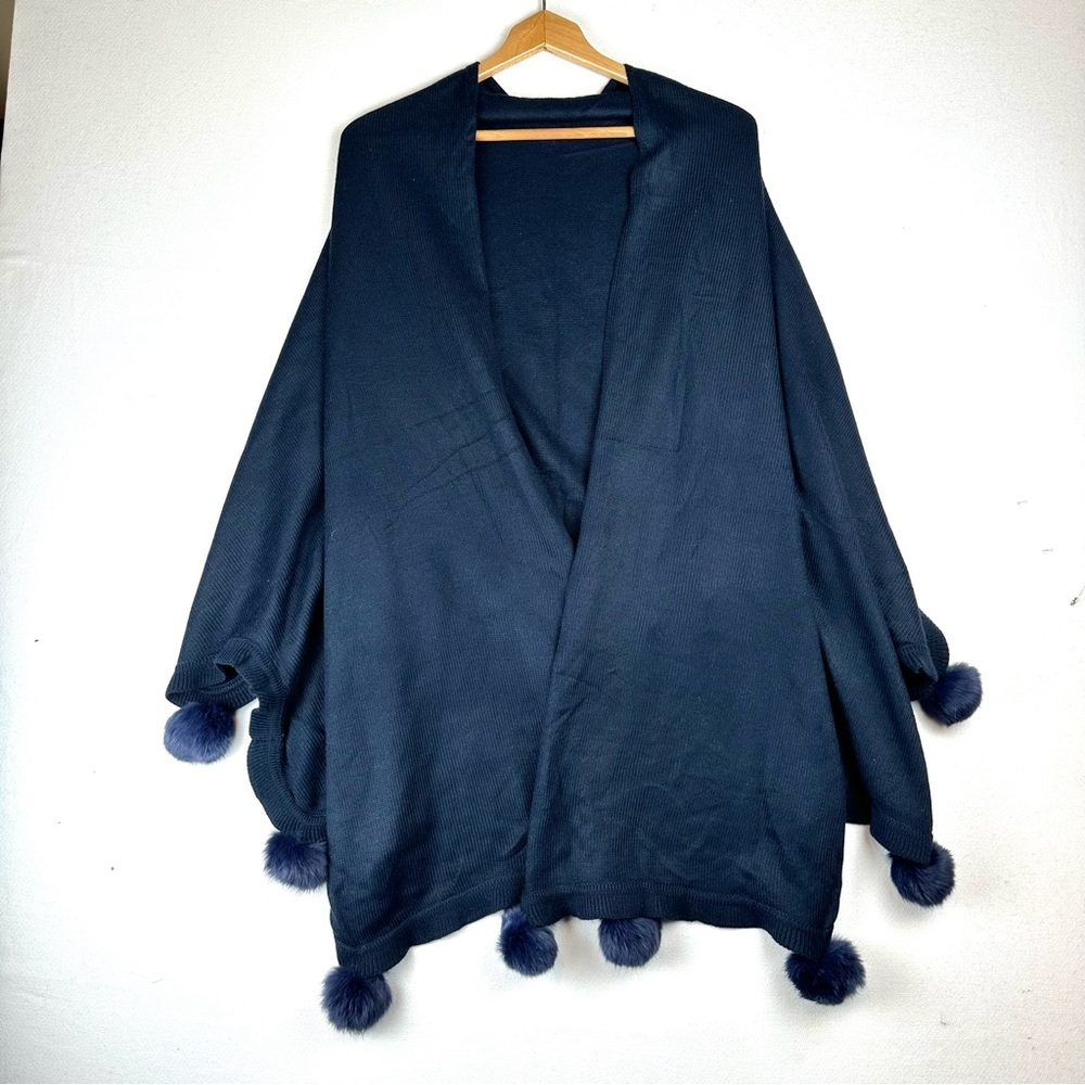 Marina D'Este Collection Wool Blend & Rabbit Fur Pom Pom Sweater Shawl Cardigan